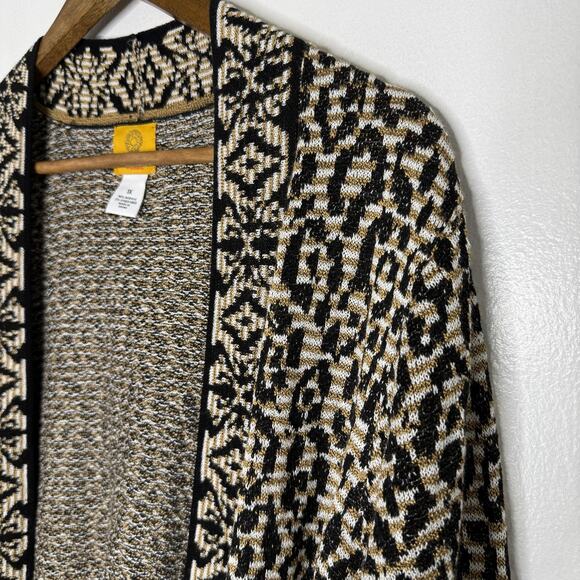 Ruby Rd Cardigan Sweater Womens 1X Black Tan Fringe Open Front Boho Knit Aztec - Picture 2 of 7